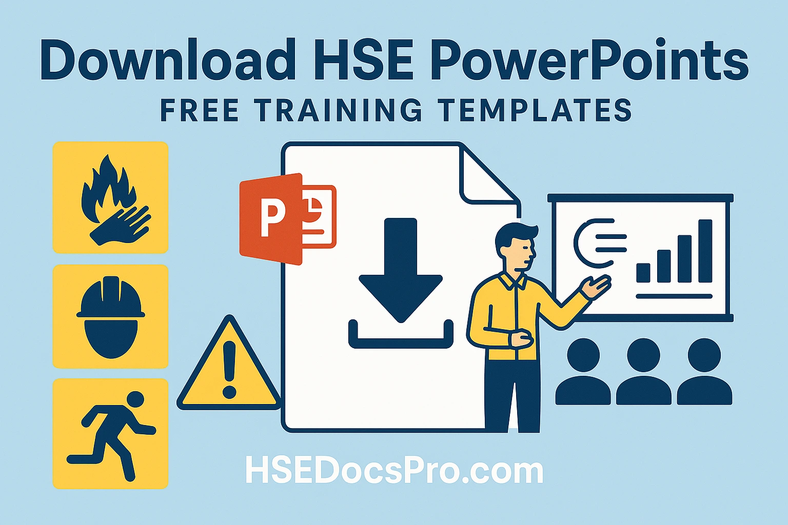 Feature image showing workplace hazards and trainers using HSE PowerPoints, branded with HSEprof.com and a download call-to-action