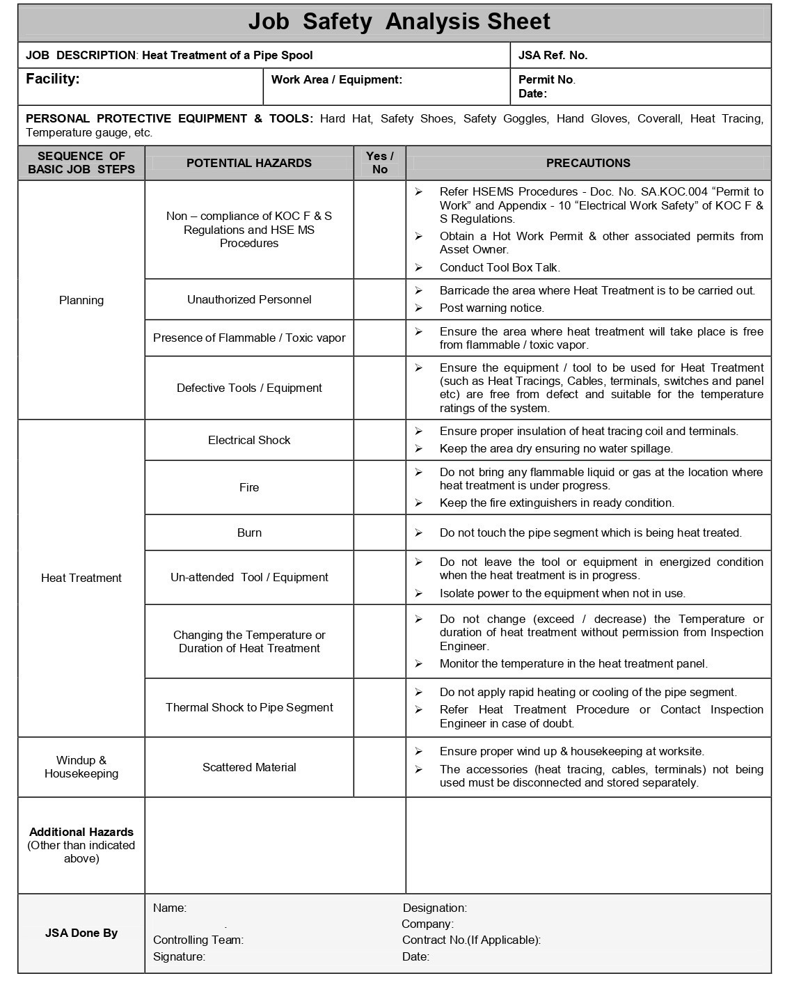 R1937-JSA-004 Job Safety Analysis For Pipe Pull, PDF, Personal Protective  Equipment