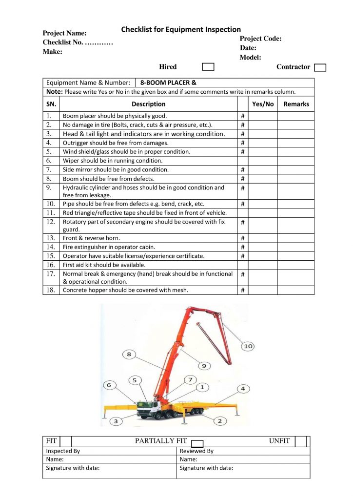 Checklist for Equipment Inspection BOOM PLACER 