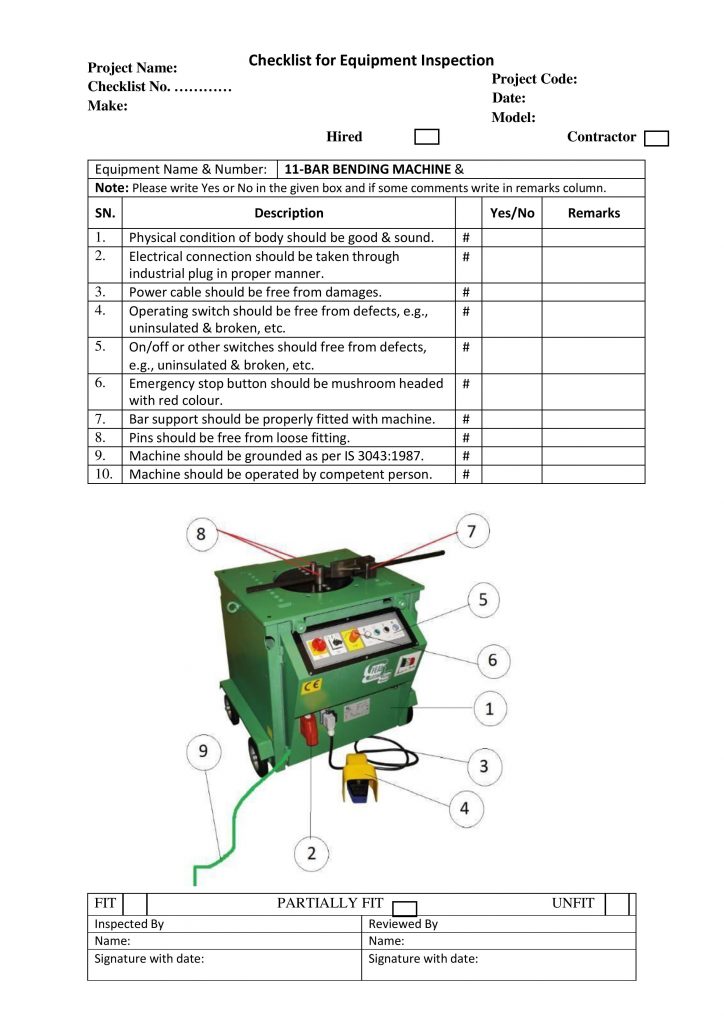 Checklist for Equipment Inspection Bar Bending Machine 