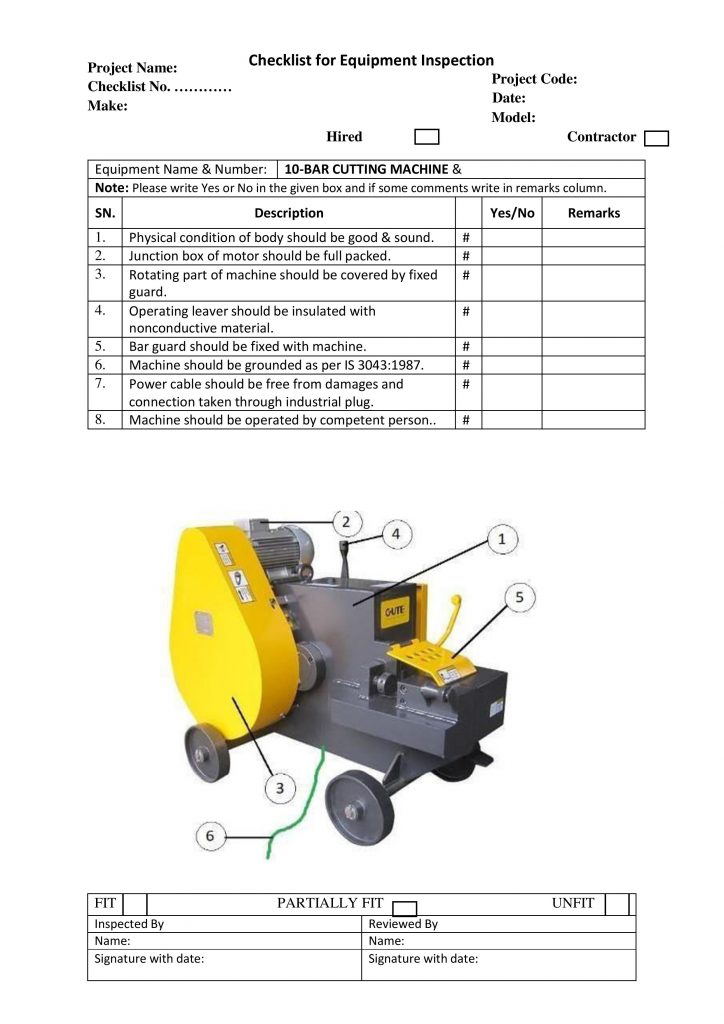 Checklist for Equipment Inspection Bar Cutting Machine 