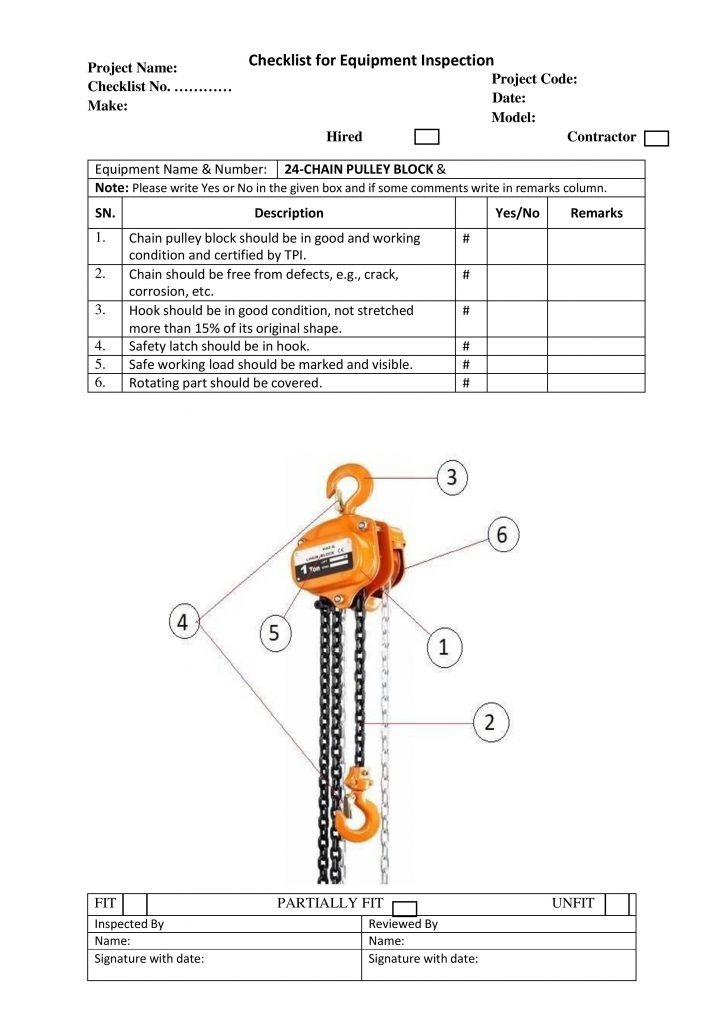Checklist for Equipment Inspection Chain Pulley Block 