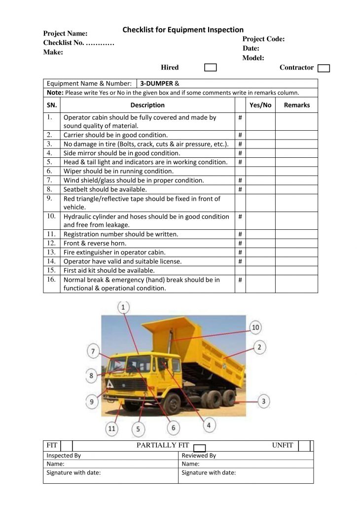 Checklist for Equipment Inspection DUMPER 