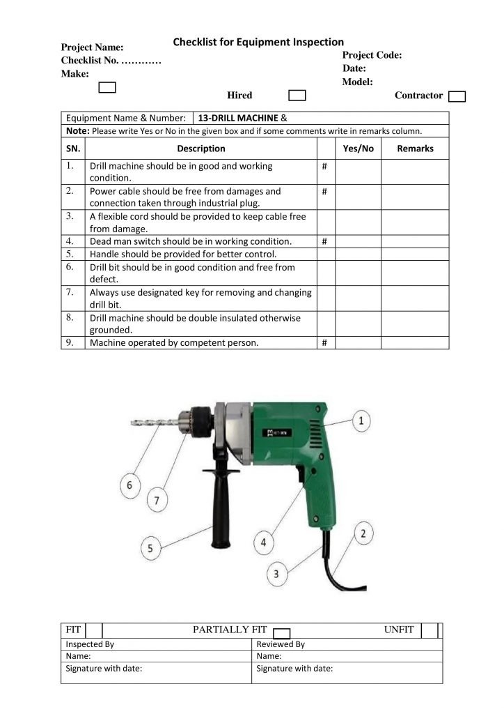 Checklist for Equipment Inspection Drill Machine 