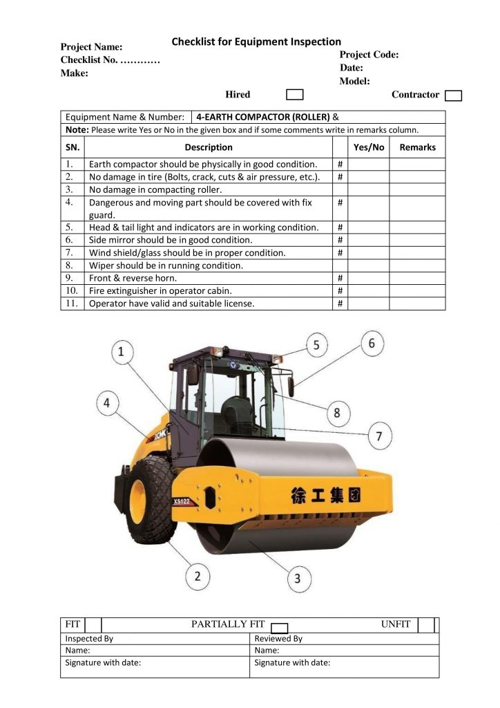Checklist for Equipment Inspection EARTH COMPACTOR (ROLLER)