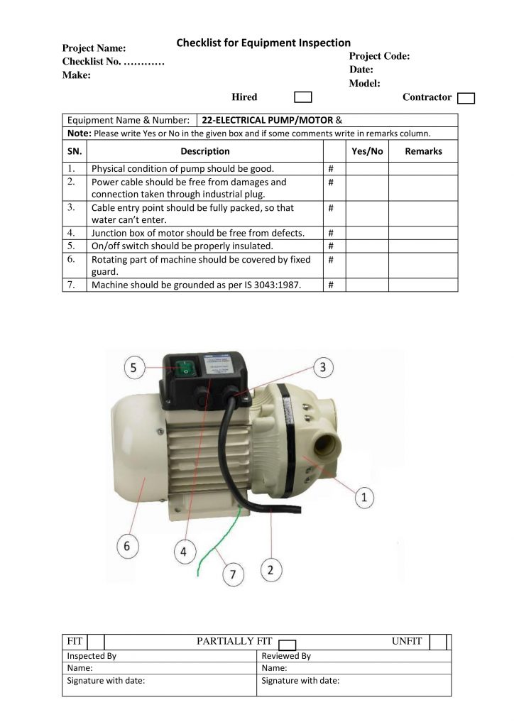 Checklist for Equipment Inspection Electrical Pump Motor 