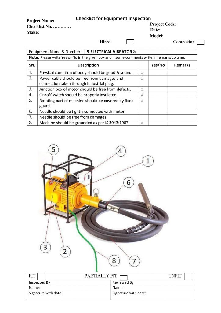 Checklist for Equipment Inspection Electrical Vibrator