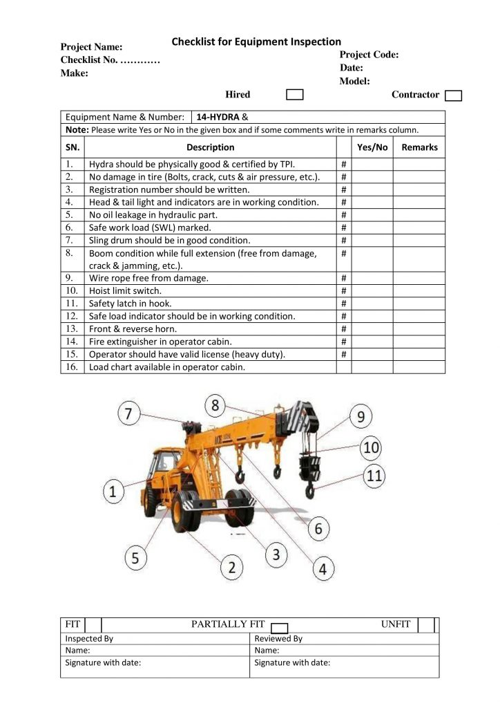 Checklist for Equipment Inspection Hydra