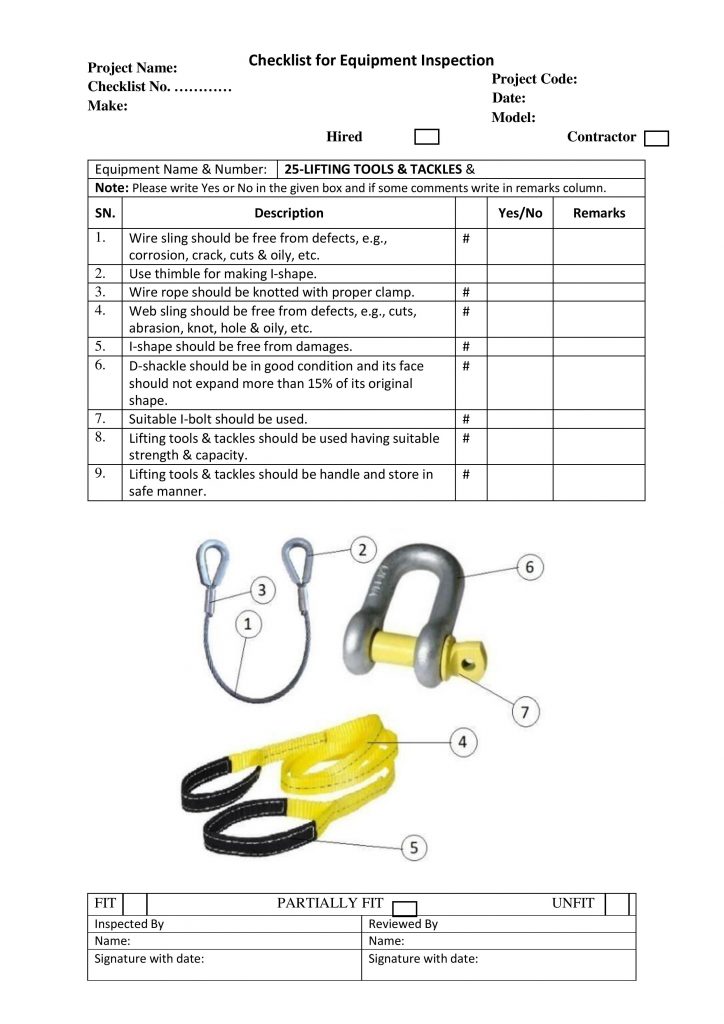 Checklist for Equipment Inspection Lifting Tools Tackles 