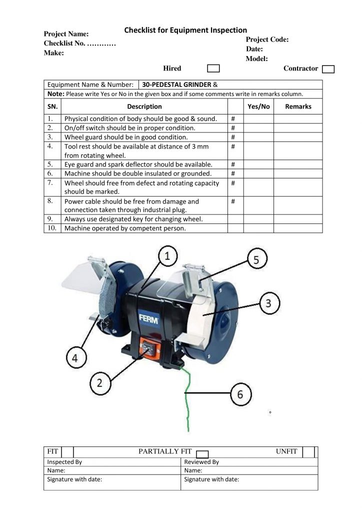 Checklist for Equipment Inspection Pedestal Grinder