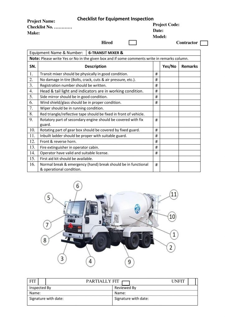 Checklist for Equipment Inspection TRANSIT MIXER