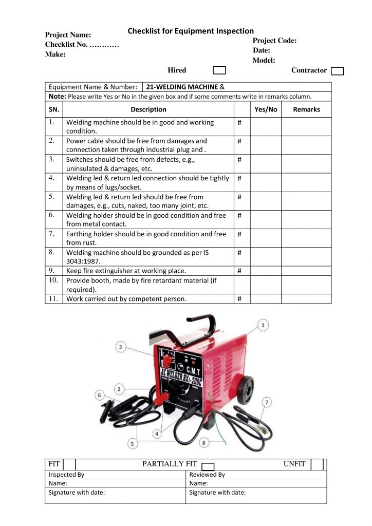 Checklist for Equipment Inspection Welding Machine