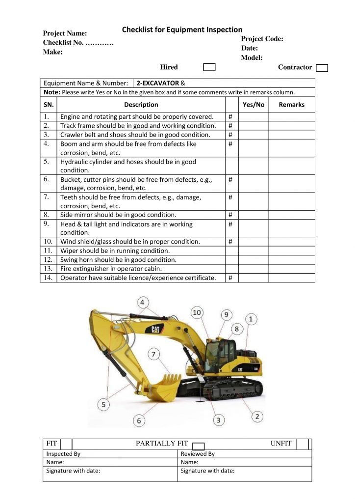 Inspection Checklist for EXCAVATOR 