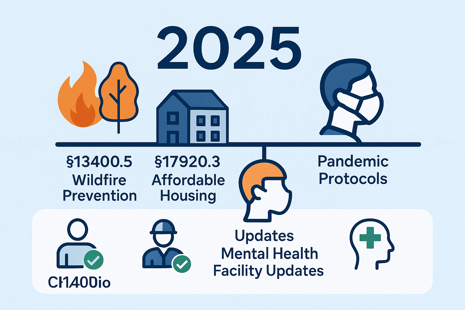 Visual of 2025 California health and safety regulations updates with new fire prevention and public health code sections