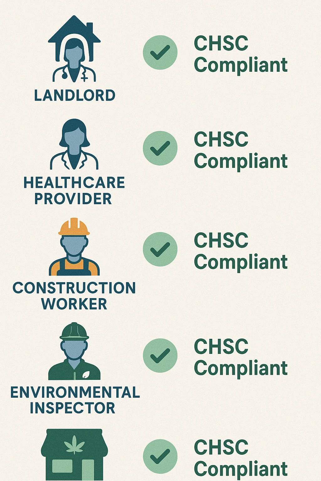 Checklist image of CHSC compliance requirements for landlords, businesses, healthcare, and construction under California Health and Safety Code