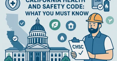 Illustration of California Health and Safety Code compliance showing CHSC enforcement, environmental safety, and housing laws in California