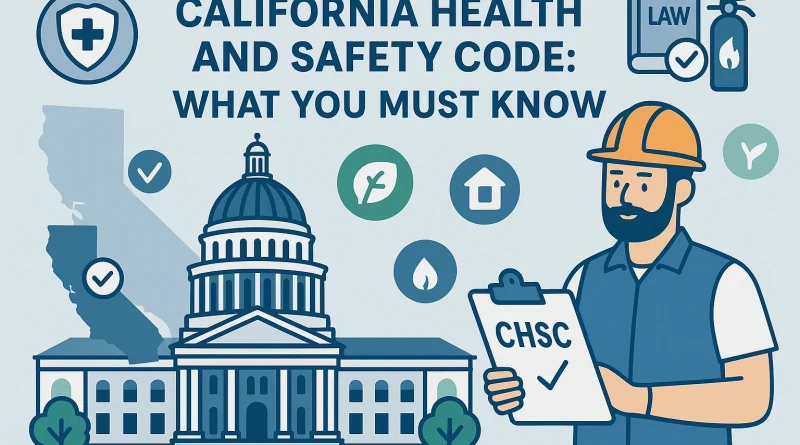 Illustration of California Health and Safety Code compliance showing CHSC enforcement, environmental safety, and housing laws in California