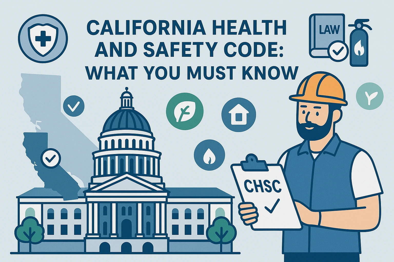 Illustration of California Health and Safety Code compliance showing CHSC enforcement, environmental safety, and housing laws in California