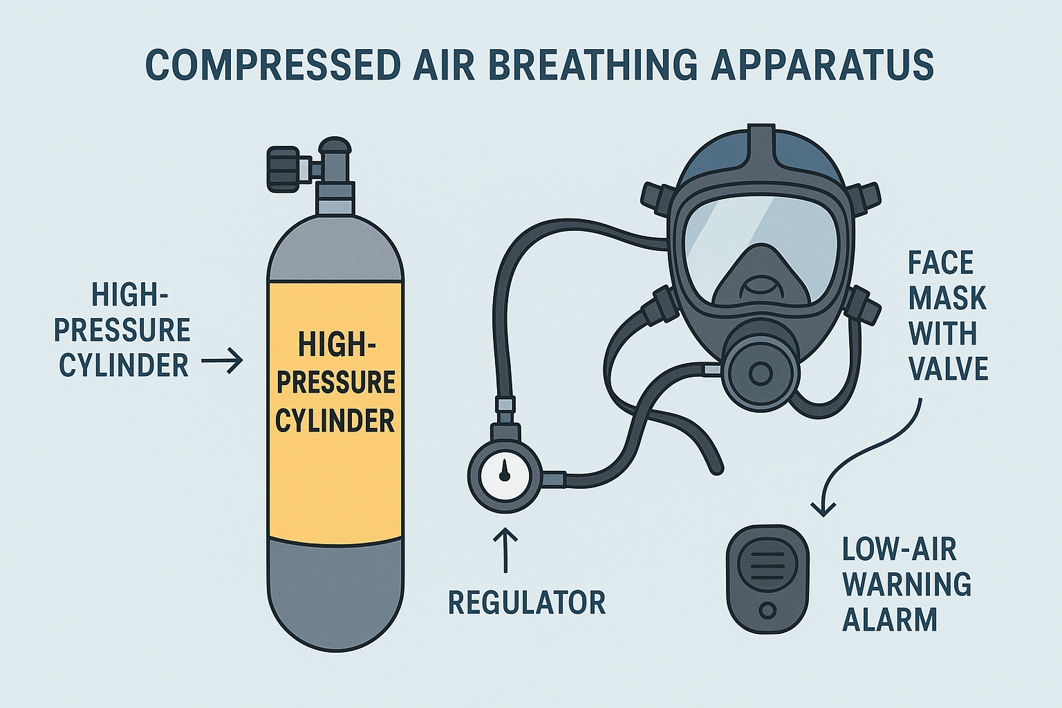 Infographic showing parts of a Compressed Air Breathing Apparatus CABA including high-pressure cylinder, regulator, face mask with valve, and low-air warning alarm