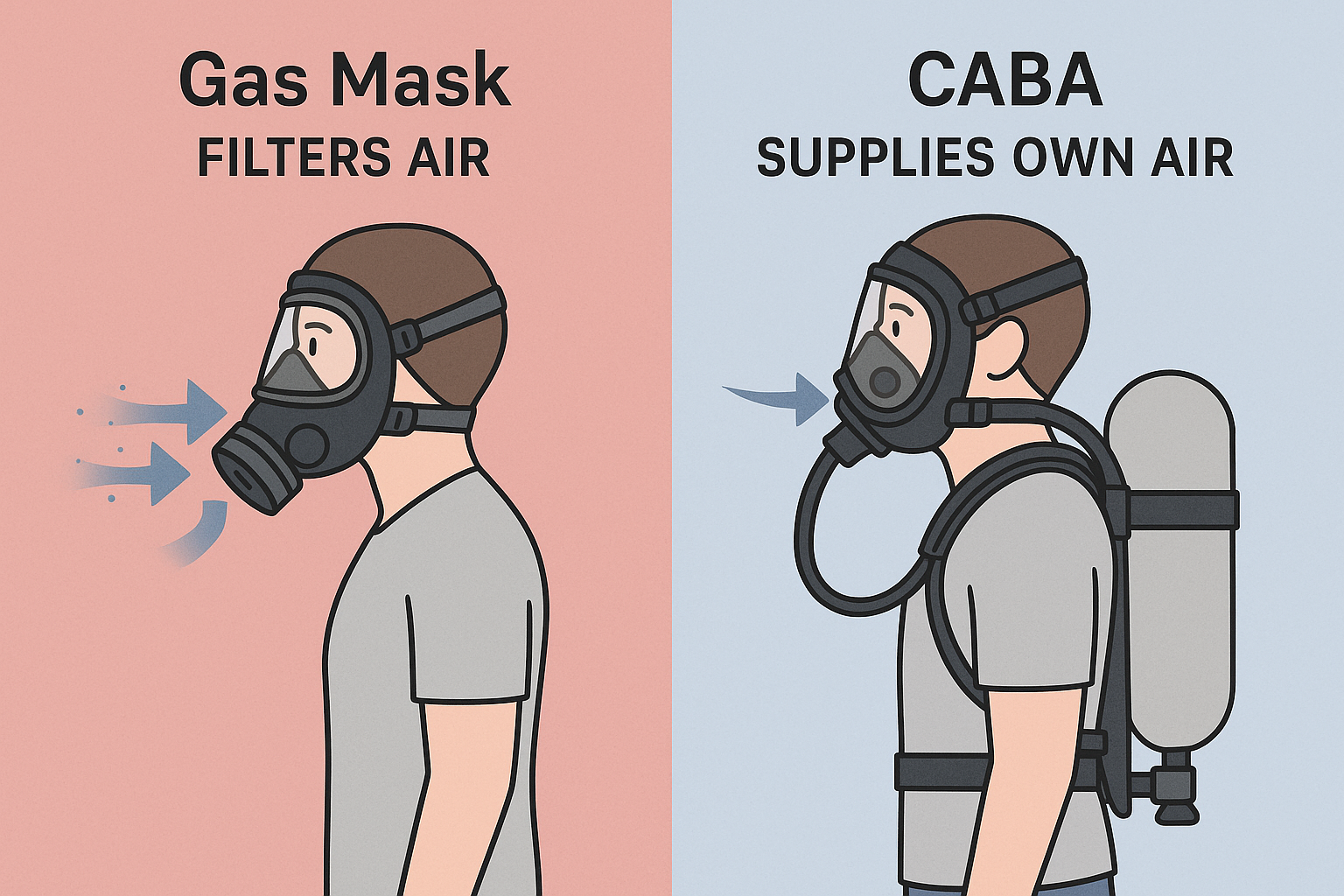 "Visual difference between gas mask and Compressed Air Breathing Apparatus CABA