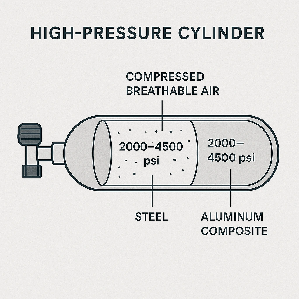 High-pressure air cylinder inside Compressed Air Breathing Apparatus CABA labeled diagram