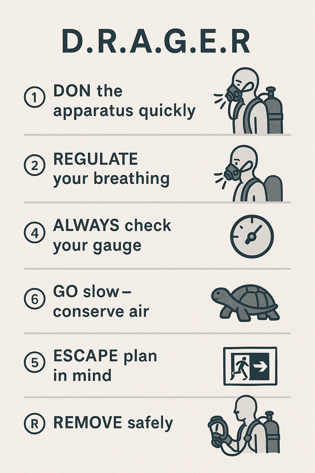 Checklist for D.R.A.G.E.R method of Compressed Air Breathing Apparatus CABA use"