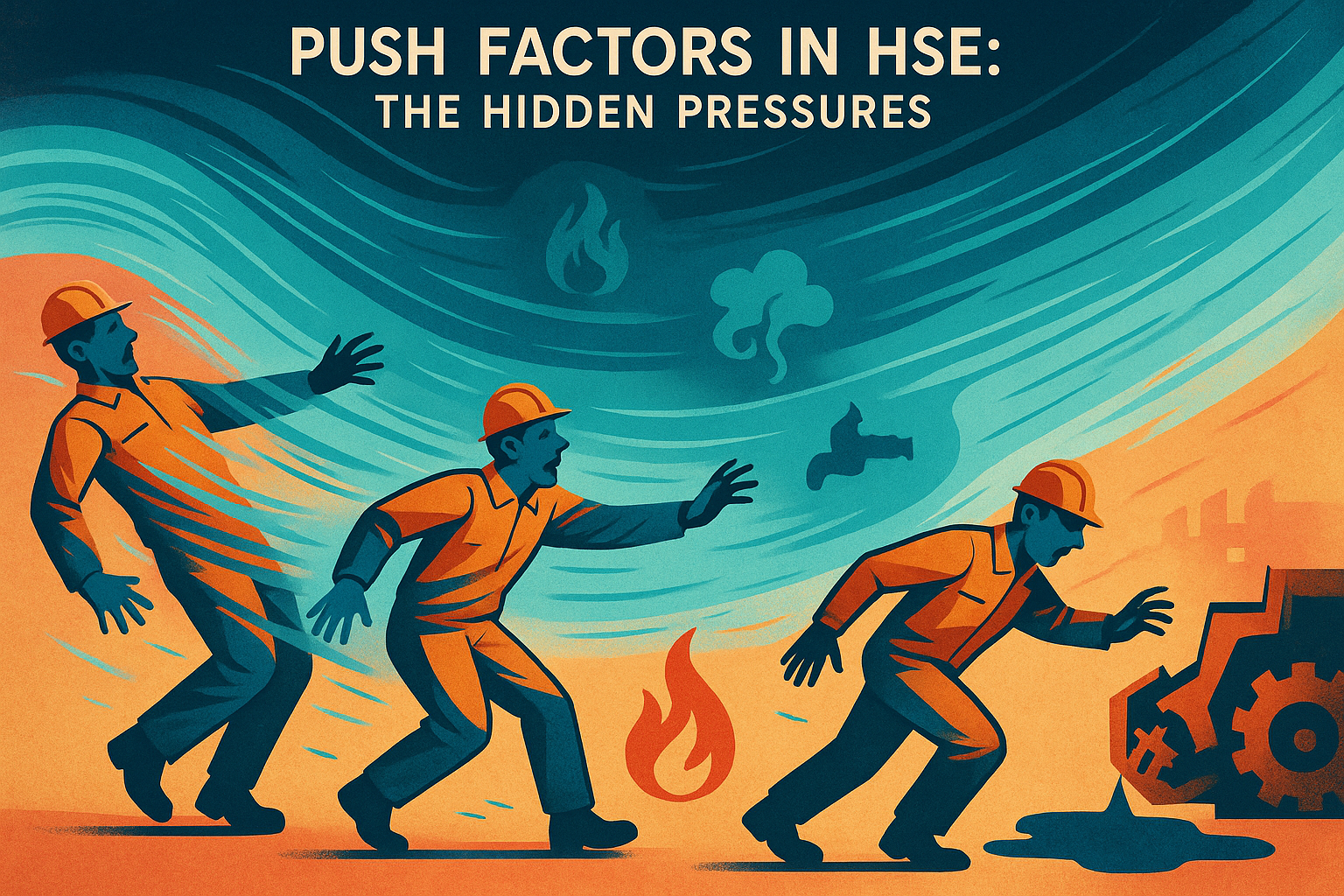 Industrial workers struggling against invisible push factors leading toward workplace hazards like fire, chemical spills, and broken machinery in HSE environments