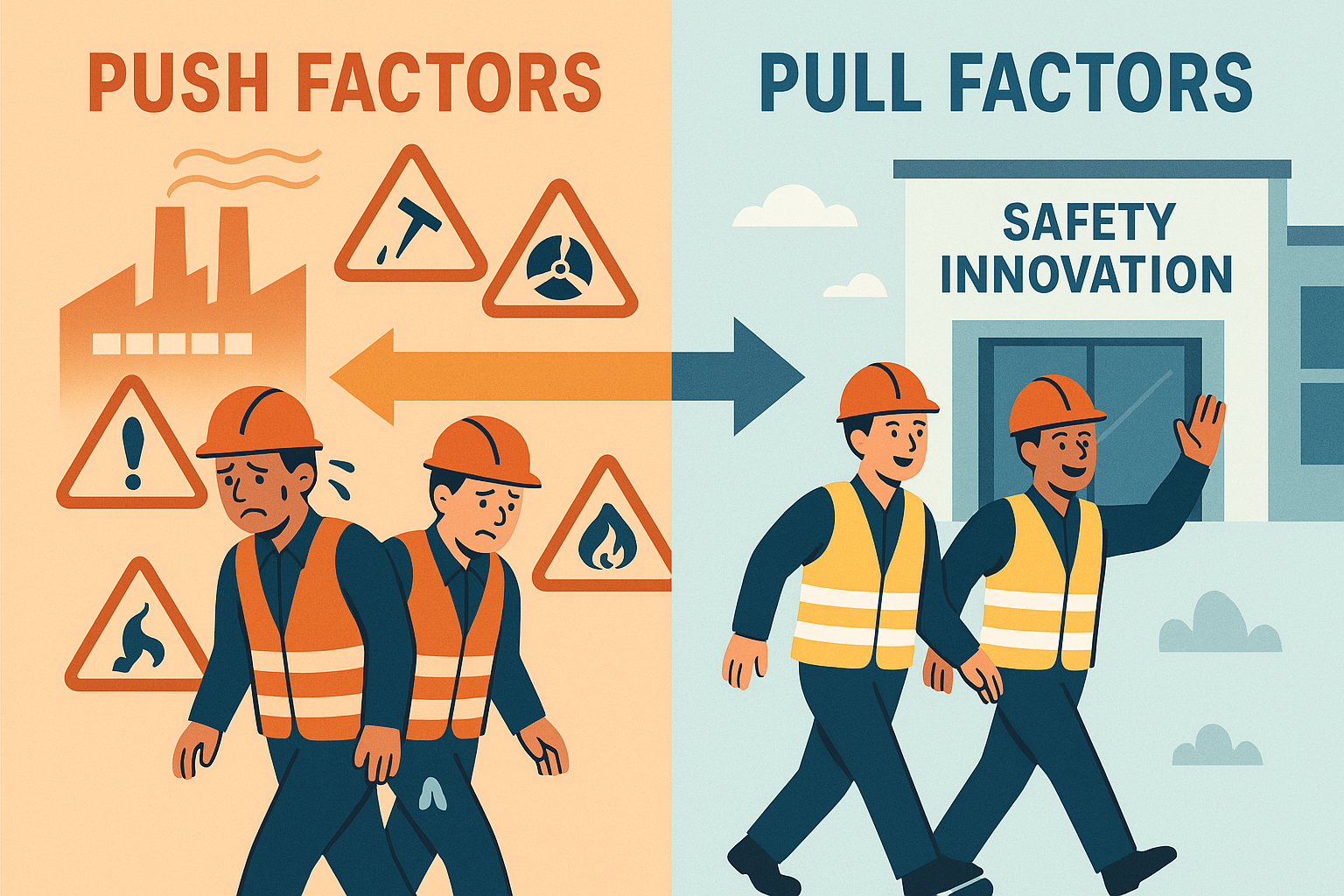 Infographic contrasting push factors and pull factors in HSE with workers moving from a hazard-filled factory to a clean, safety-focused facility.