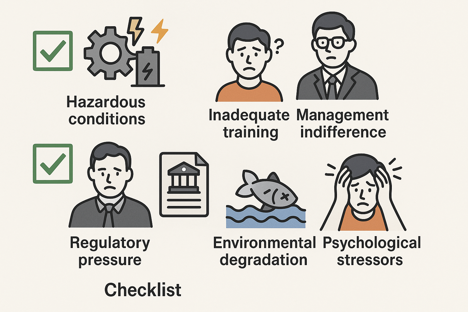 Illustration highlighting push factors in HSE including broken machinery, poor training, indifferent management, regulatory pressure, pollution, and worker stress.