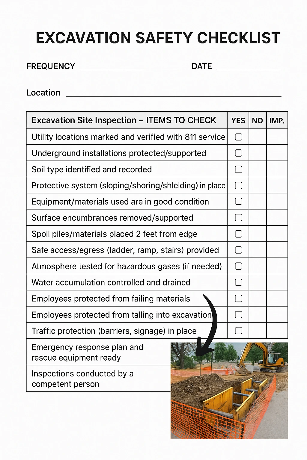Excavation Safety Checklist being followed at an active construction site with visible trench shoring, orange safety fencing, and excavator—highlighting key safety inspection points