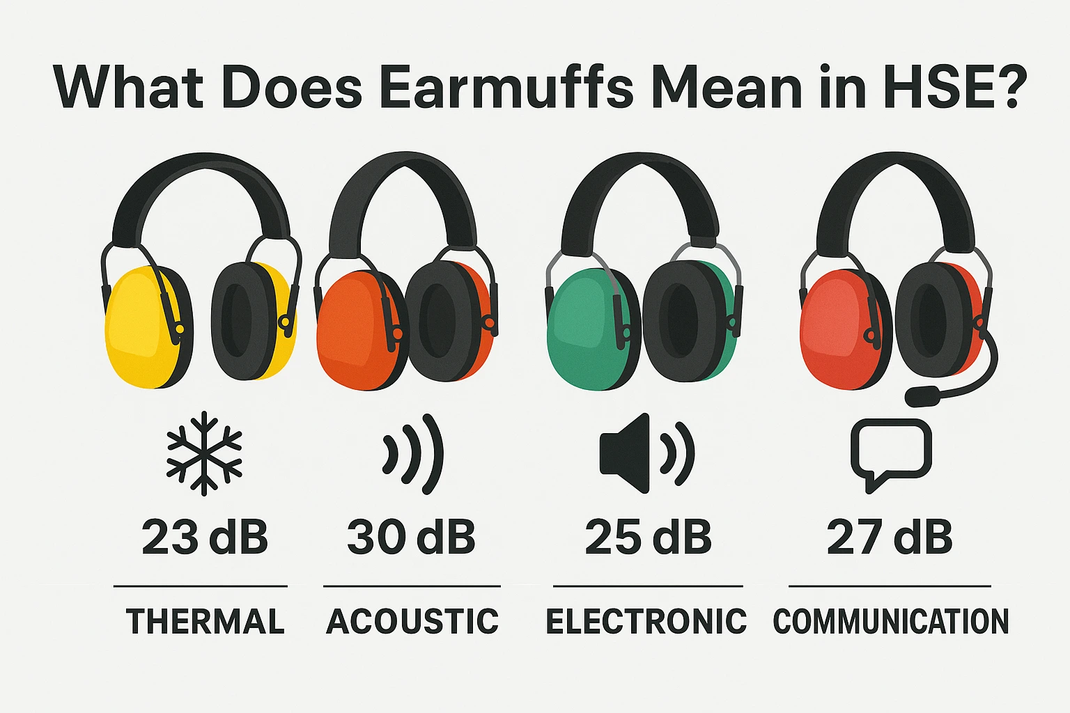 Infographic showing types of earmuffs used in HSE with their noise reduction ratings and purpose