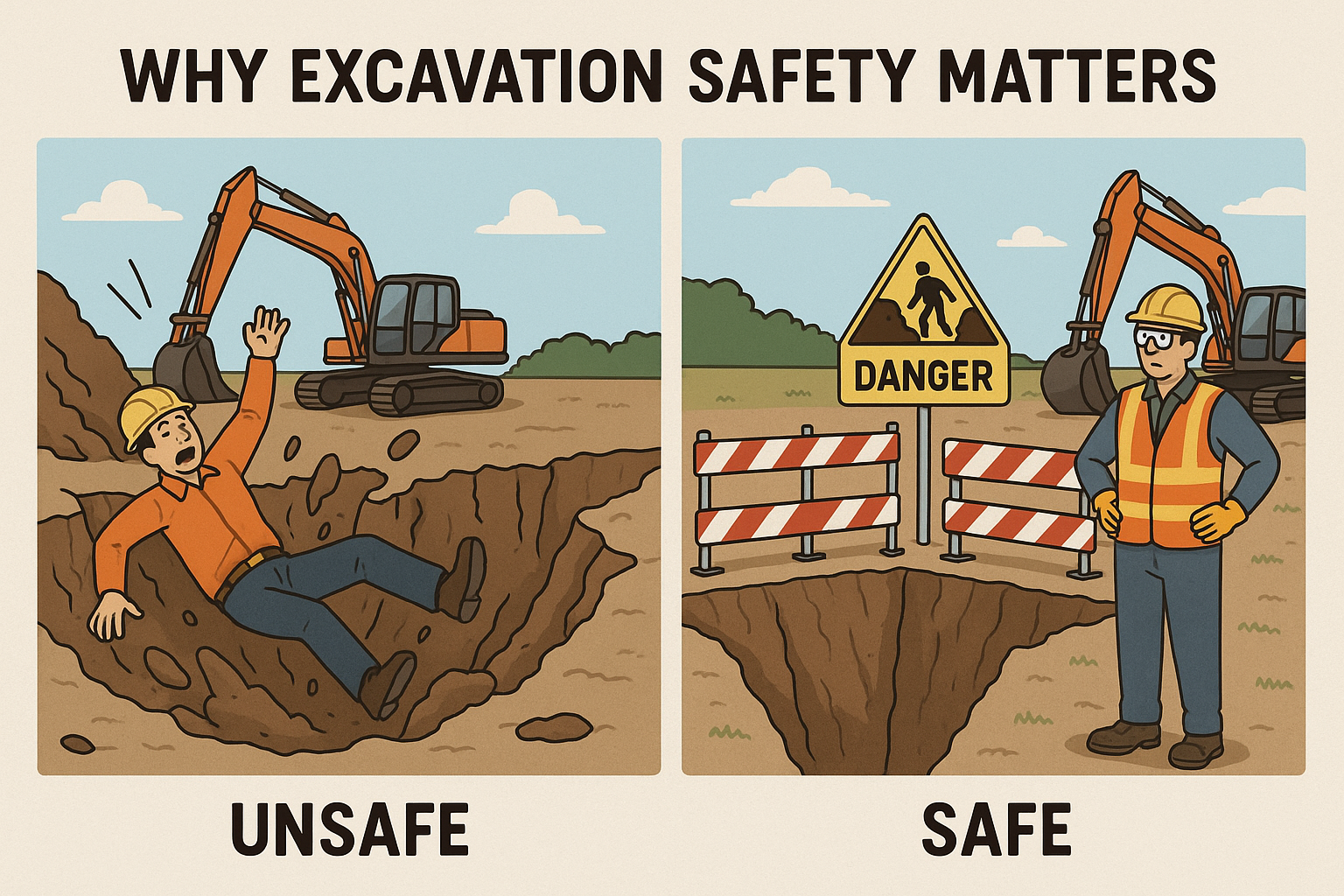 Excavation Safety Checklist visual comparison of unsafe vs safe trench sites with proper PPE, barriers, and warning signs to highlight excavation safety practices.