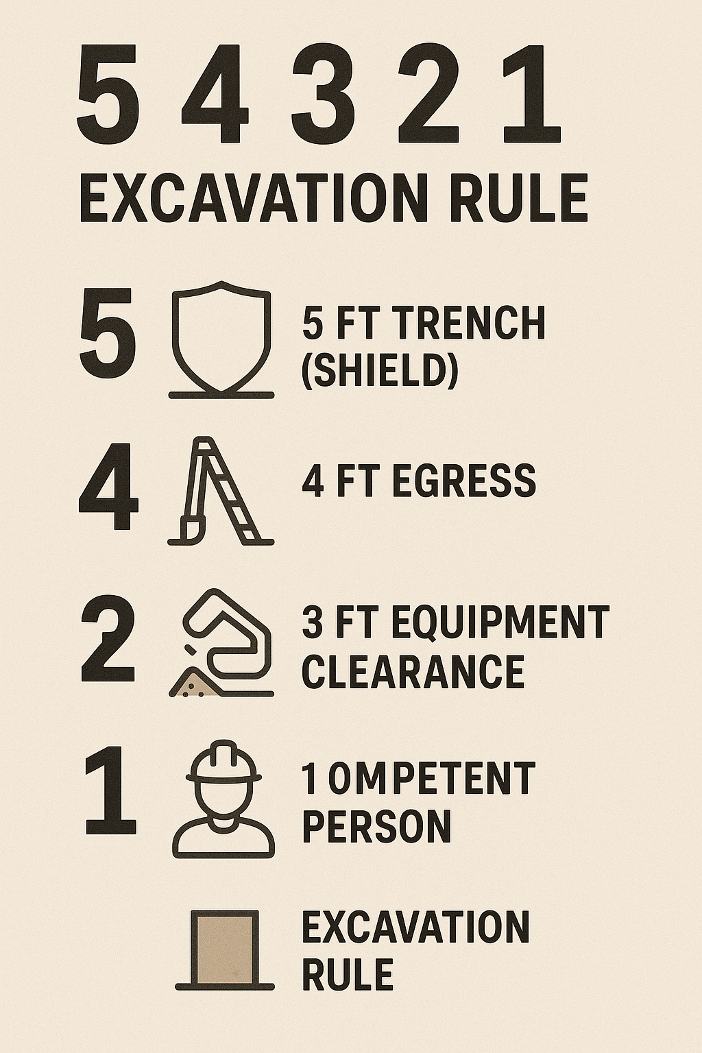 Infographic explaining the 5 4 3 2 1 excavation rule with icons for trench shielding, egress ladders, equipment clearance, spoil pile distance, and competent person. Part of Excavation Safety Checklist guide