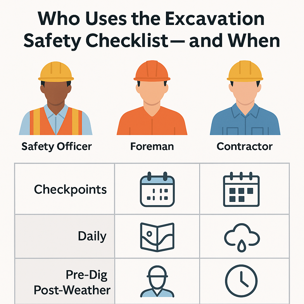 Illustrated chart showing daily, pre-dig, and post-weather inspection responsibilities assigned to safety officers, foremen, and contractors at site