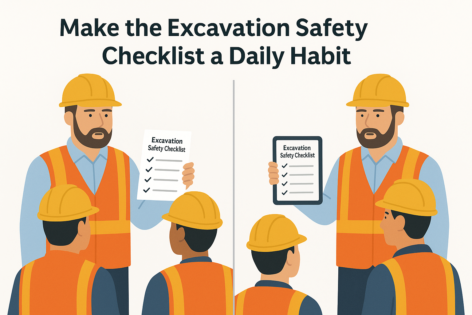Illustration of a site supervisor guiding workers using both paper and tablet-based checklists during a safety meeting, emphasizing routine excavation safety practices.
