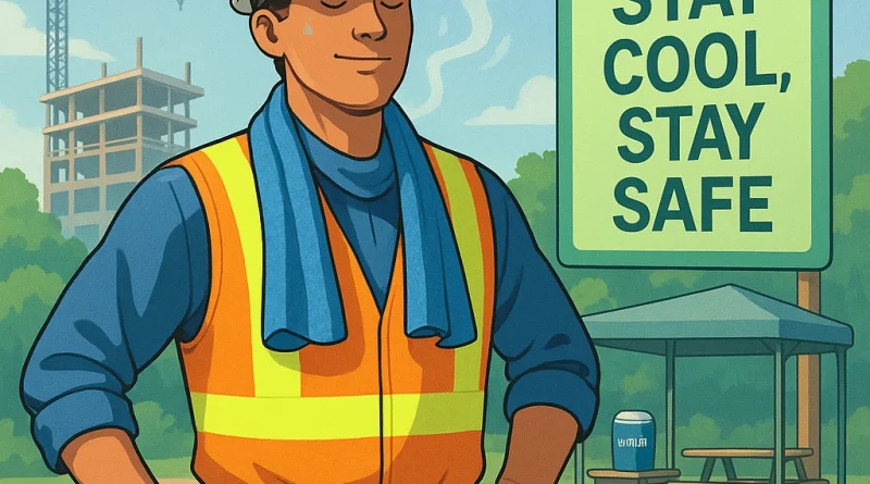 Construction worker wearing a cooling towel around the neck, standing confidently at a sunny worksite with safety gear and hydration station visible in the background.