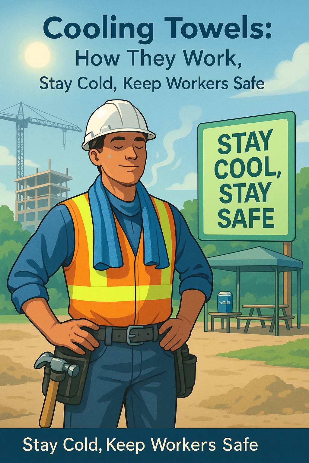 Construction worker wearing a cooling towel around the neck, standing confidently at a sunny worksite with safety gear and hydration station visible in the background.