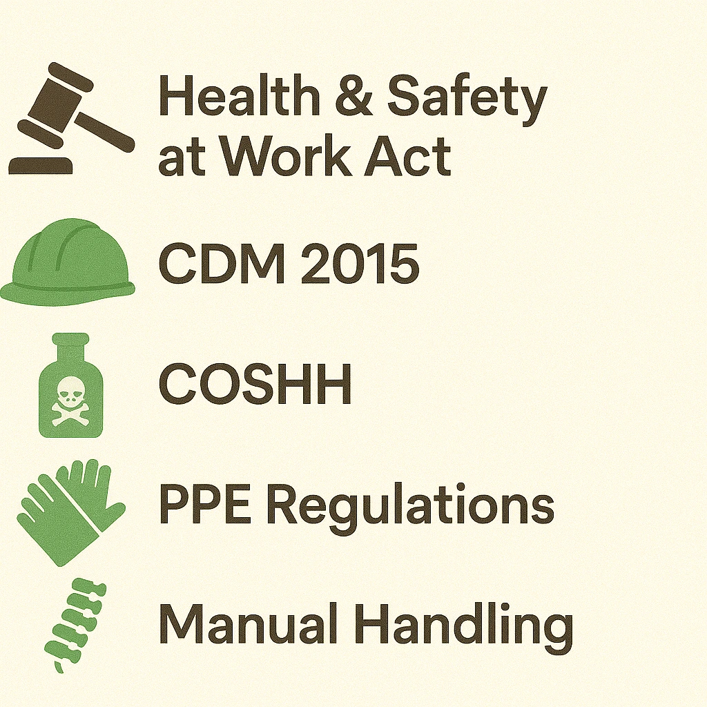 cons representing UK laws taught in Level 1 Health and Safety in a Construction Environment, including CDM and PPE regulations.