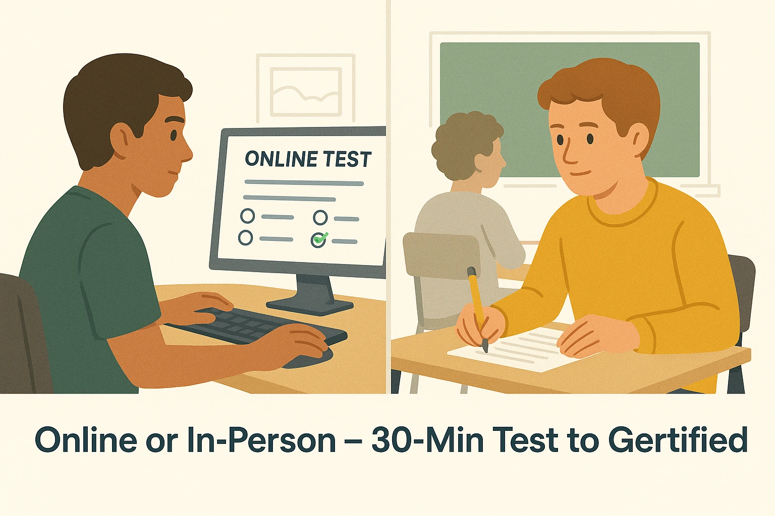 Visual showing online and classroom options for taking the Level 1 Health and Safety in a Construction Environment qualification test.