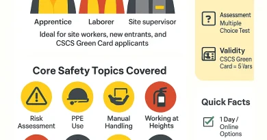 Infographic showing key topics and benefits of Level 1 Health and Safety in a Construction Environment qualification for CSCS Green Card applicants