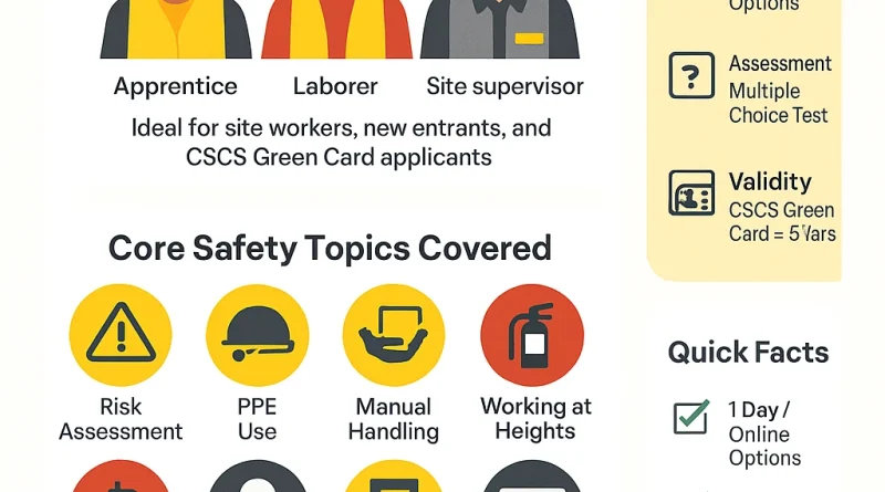 Infographic showing key topics and benefits of Level 1 Health and Safety in a Construction Environment qualification for CSCS Green Card applicants