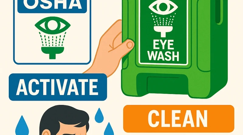 Infographic showing how to use and clean a portable eyewash station with labeled steps and OSHA-inspired safety signs for clarity and compliance.