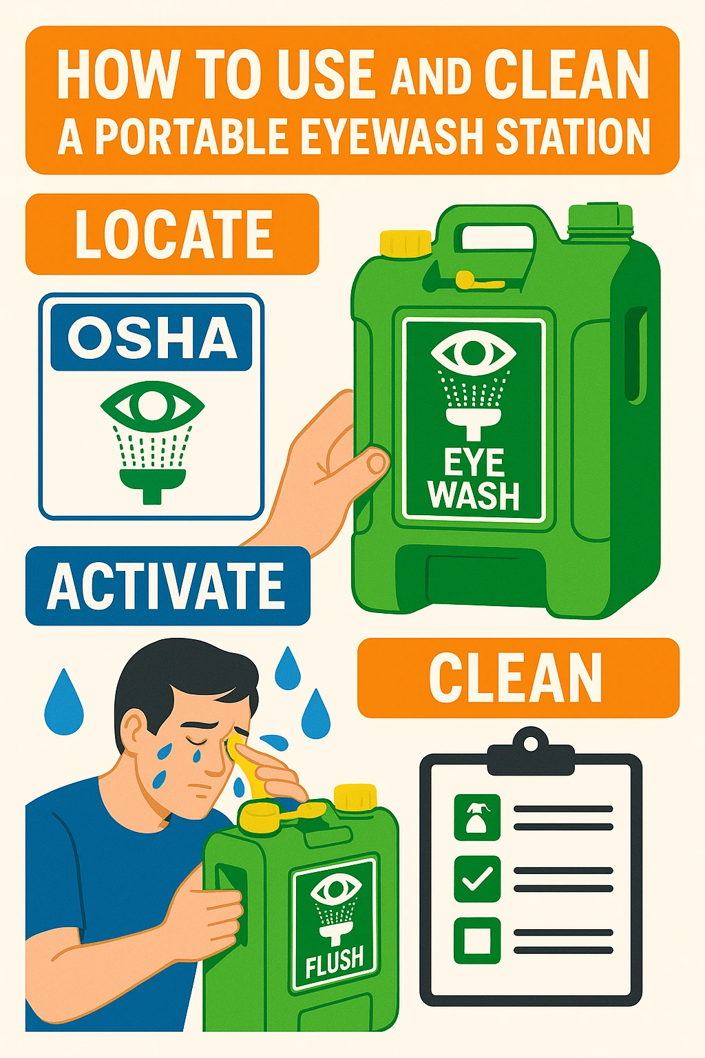 Infographic showing how to use and clean a portable eyewash station with labeled steps and OSHA-inspired safety signs for clarity and compliance.