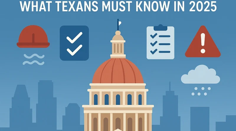 Illustration of Texas Capitol with health, safety, and environmental compliance icons for the Texas Health and Safety Code 2025