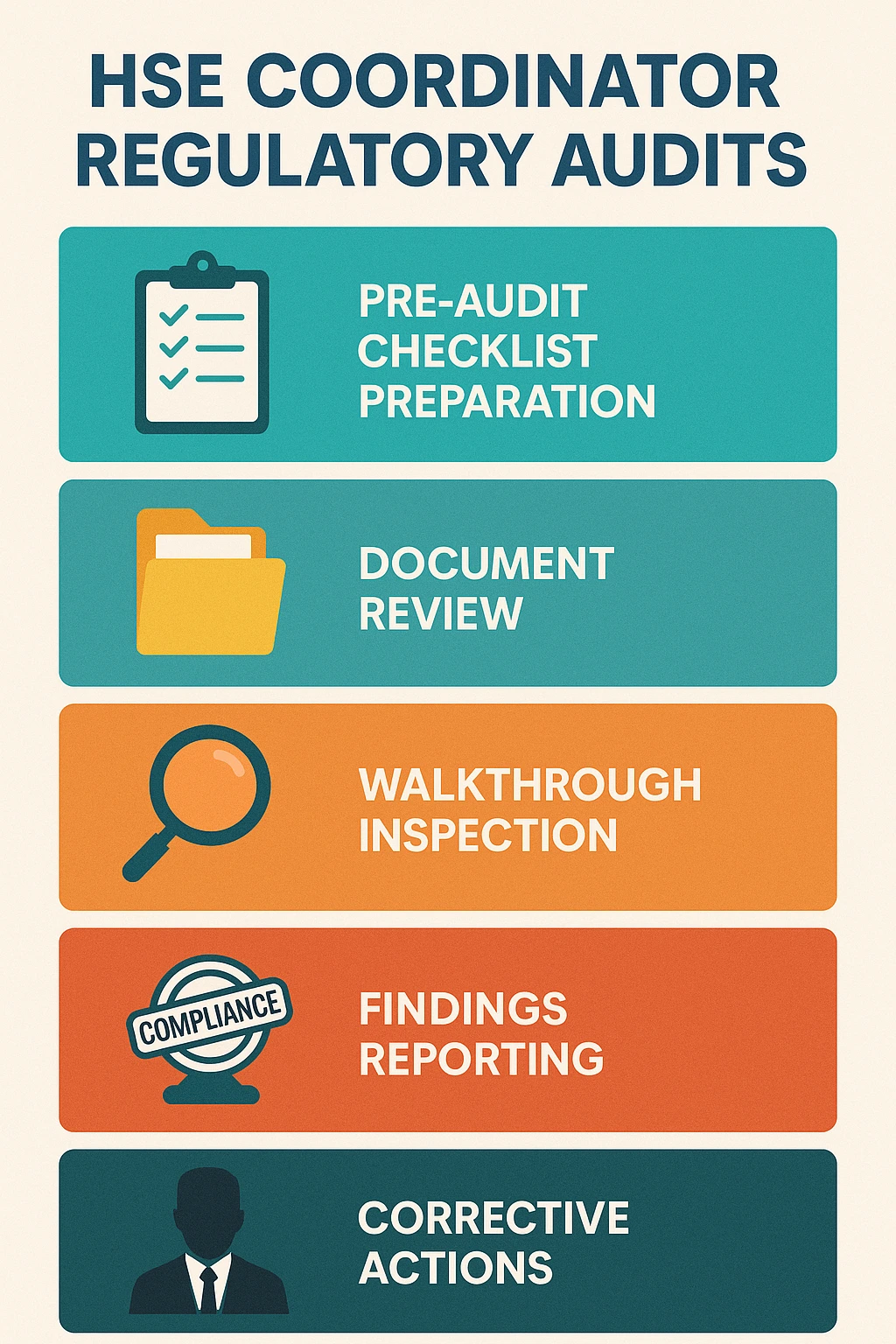 Step-by-step infographic showing Health Safety and Environment Coordinator’s compliance audit responsibilities