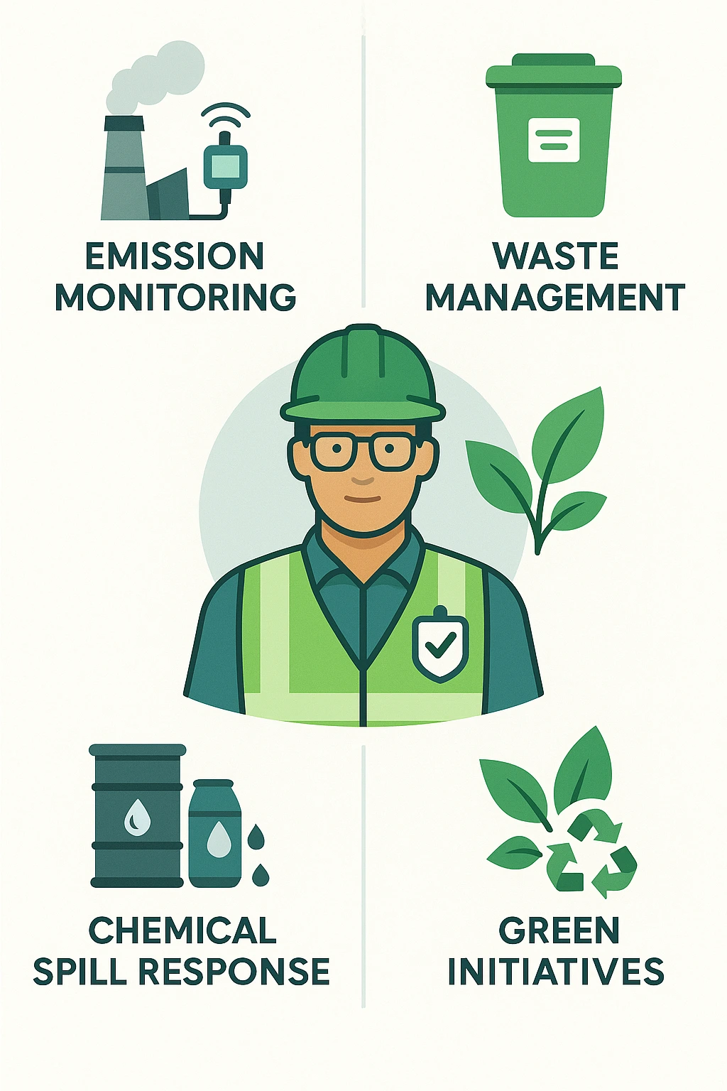 Infographic showing environmental safety roles of a Health Safety and Environment Coordinator including emissions, waste, spills, and green initiatives
