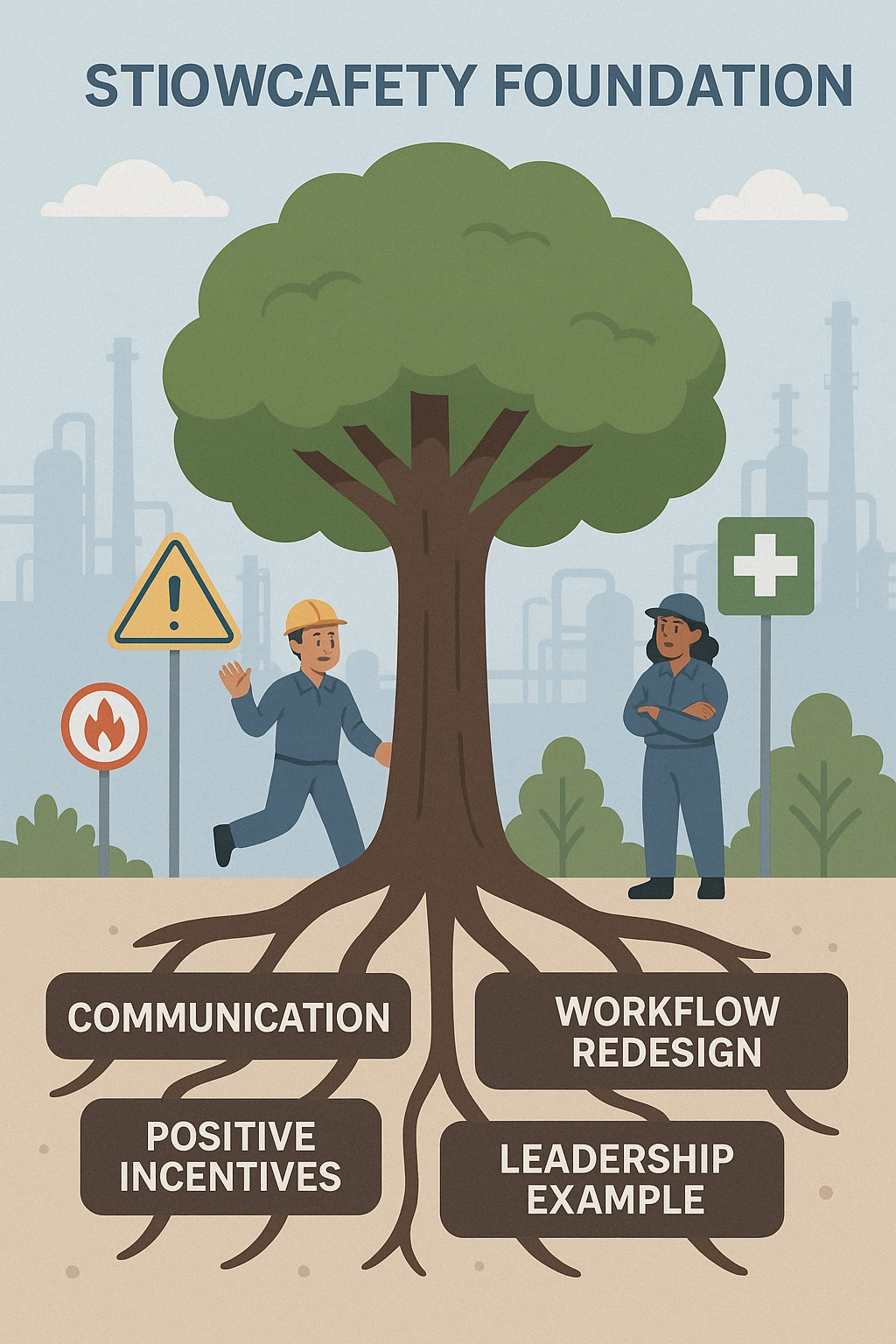 Tree illustration highlighting workplace safety foundations like communication, leadership support, workflow redesign, and mental health awareness.