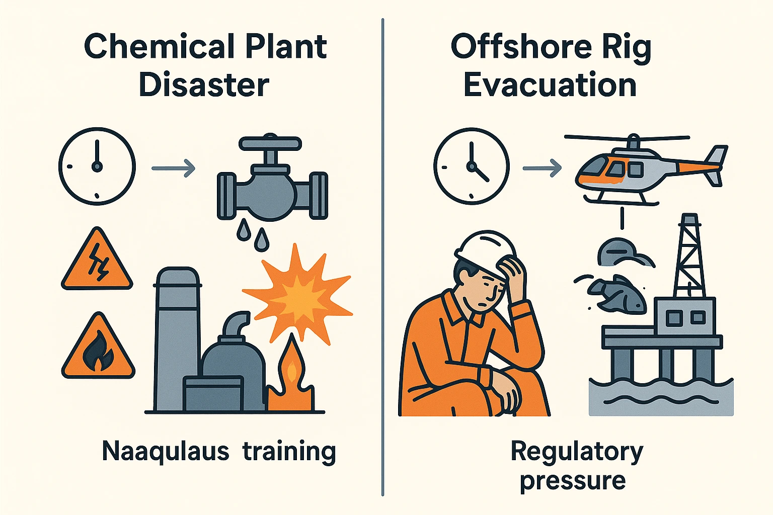 Case study infographic showing push factors in HSE with a chemical plant explosion timeline and an offshore rig evacuation due to worker stress and hazards