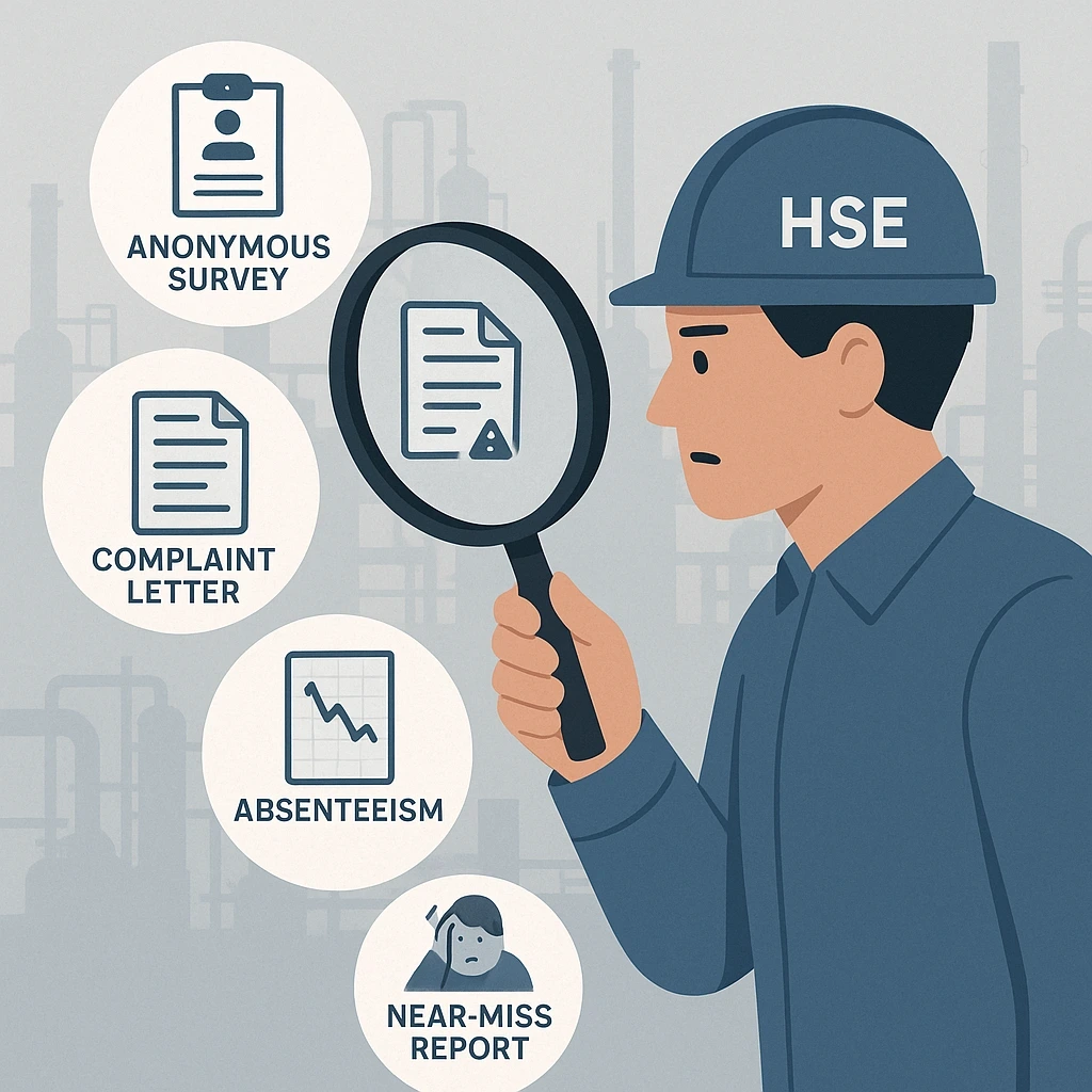 HSE officer analyzing workplace signals such as surveys, complaints, absenteeism, and near-miss reports to identify push factors affecting safety culture.