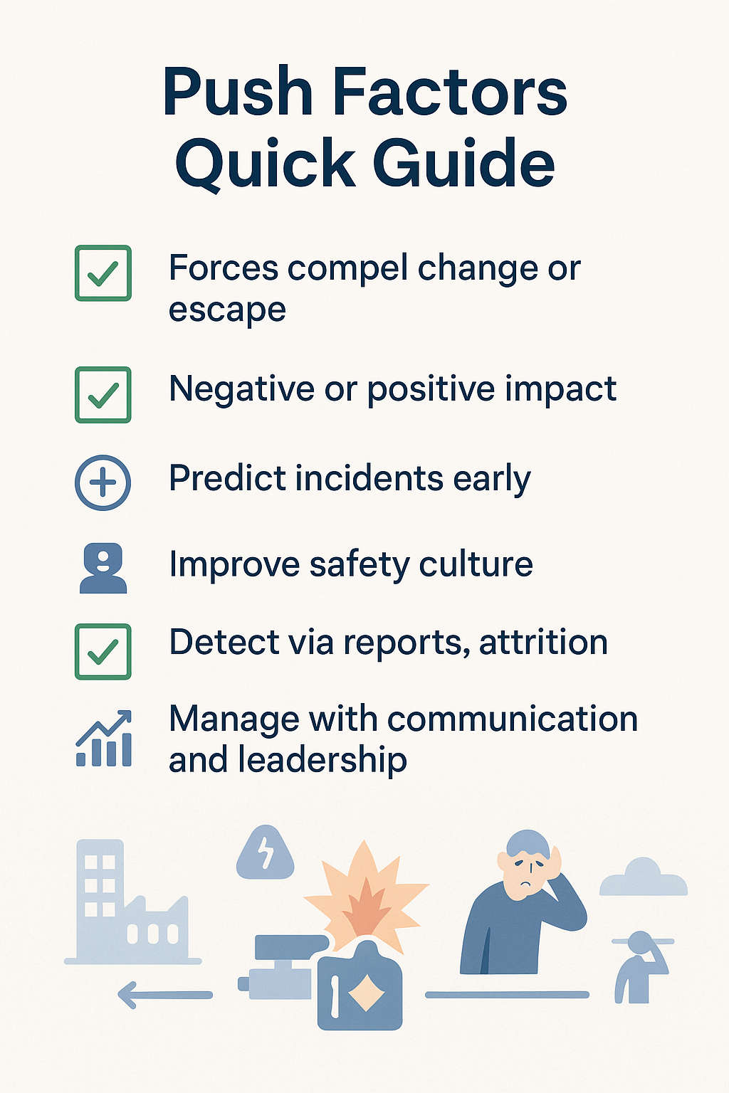 Modern checklist infographic outlining safety management tips including early incident detection, communication strategies, and improving workplace condition